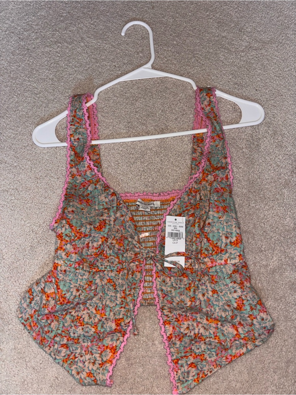 American Eagle Outfitters Multicolor Floral Crochet-Trim Crop Top